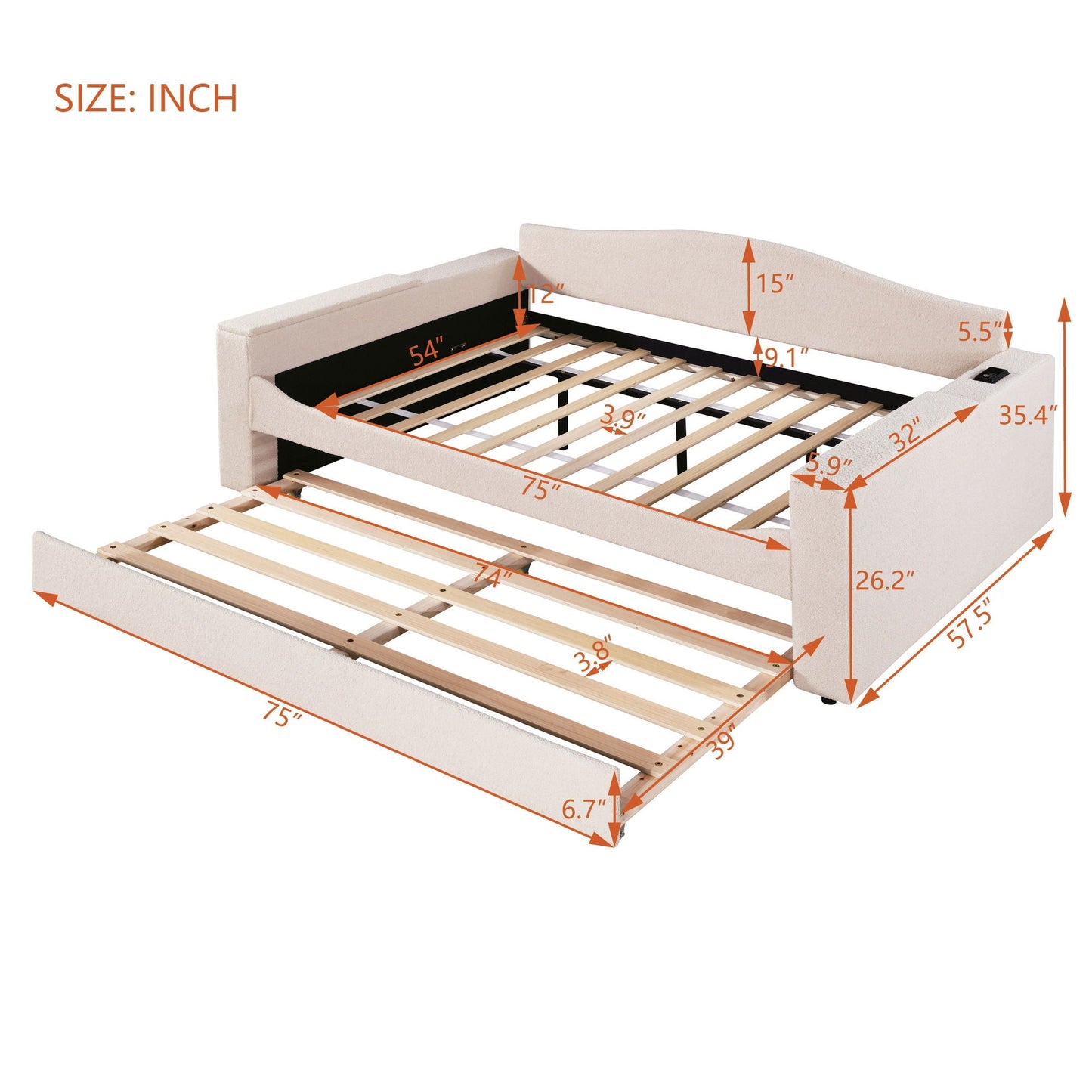 Upholstered Daybed With Storage Armrests, Trundle And Latest Integrated tooth Audio System