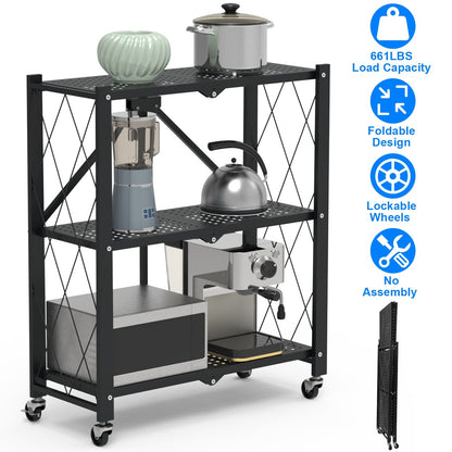 3-Tier Foldable Storage Shelf With Lockable Wheels No Assembly Rolling Utility Shelf Heavy Duty Collapsible Organizer Rack For Kitchen Living Room Bas
