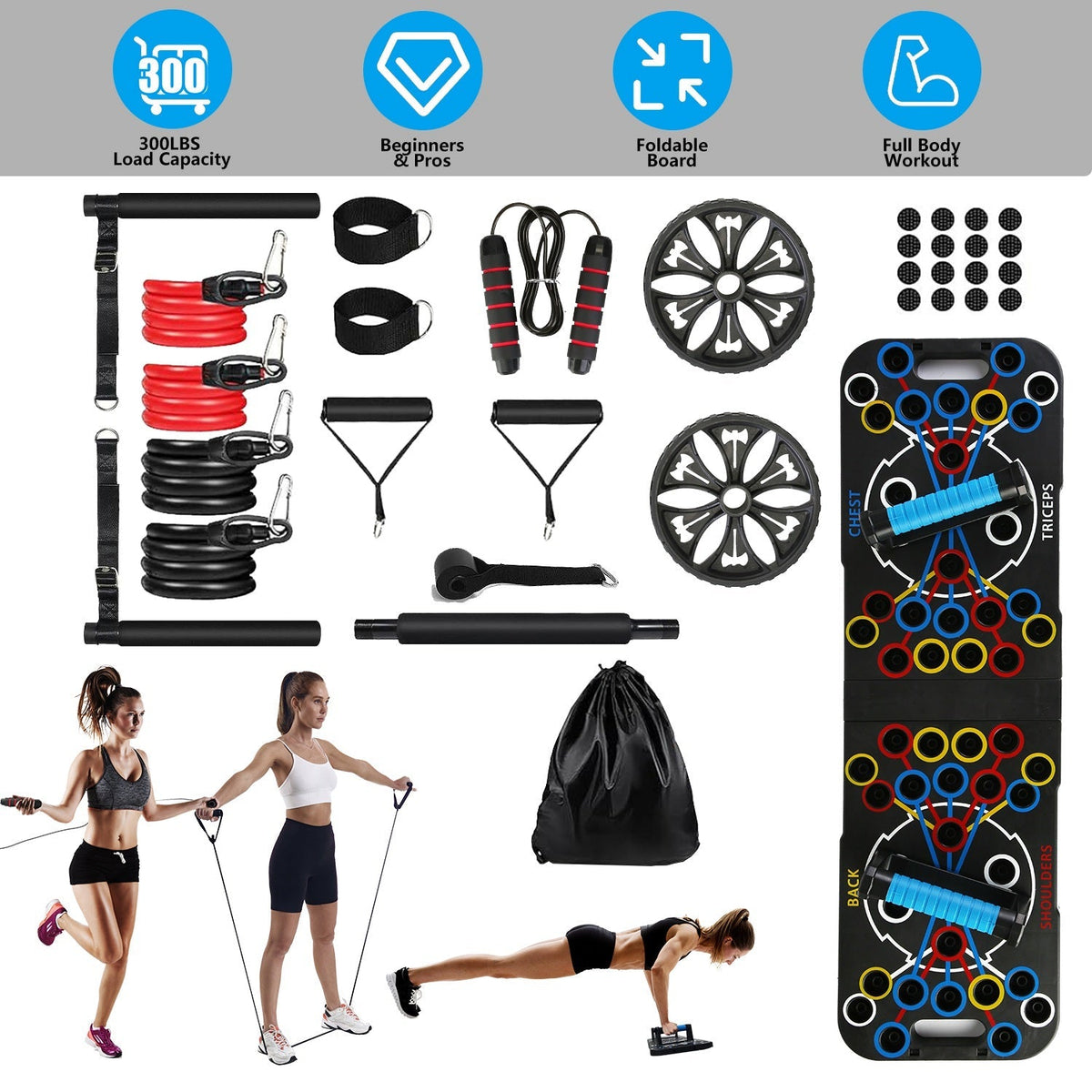Multifunctional Push Up Board Home Strength Training Equipment With 15 Fitness Accessories Pilates Bar Resistance Band Roller Wheel Full Body Workout