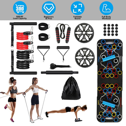 Multifunctional Push Up Board Home Strength Training Equipment With 15 Fitness Accessories Pilates Bar Resistance Band Roller Wheel Full Body Workout