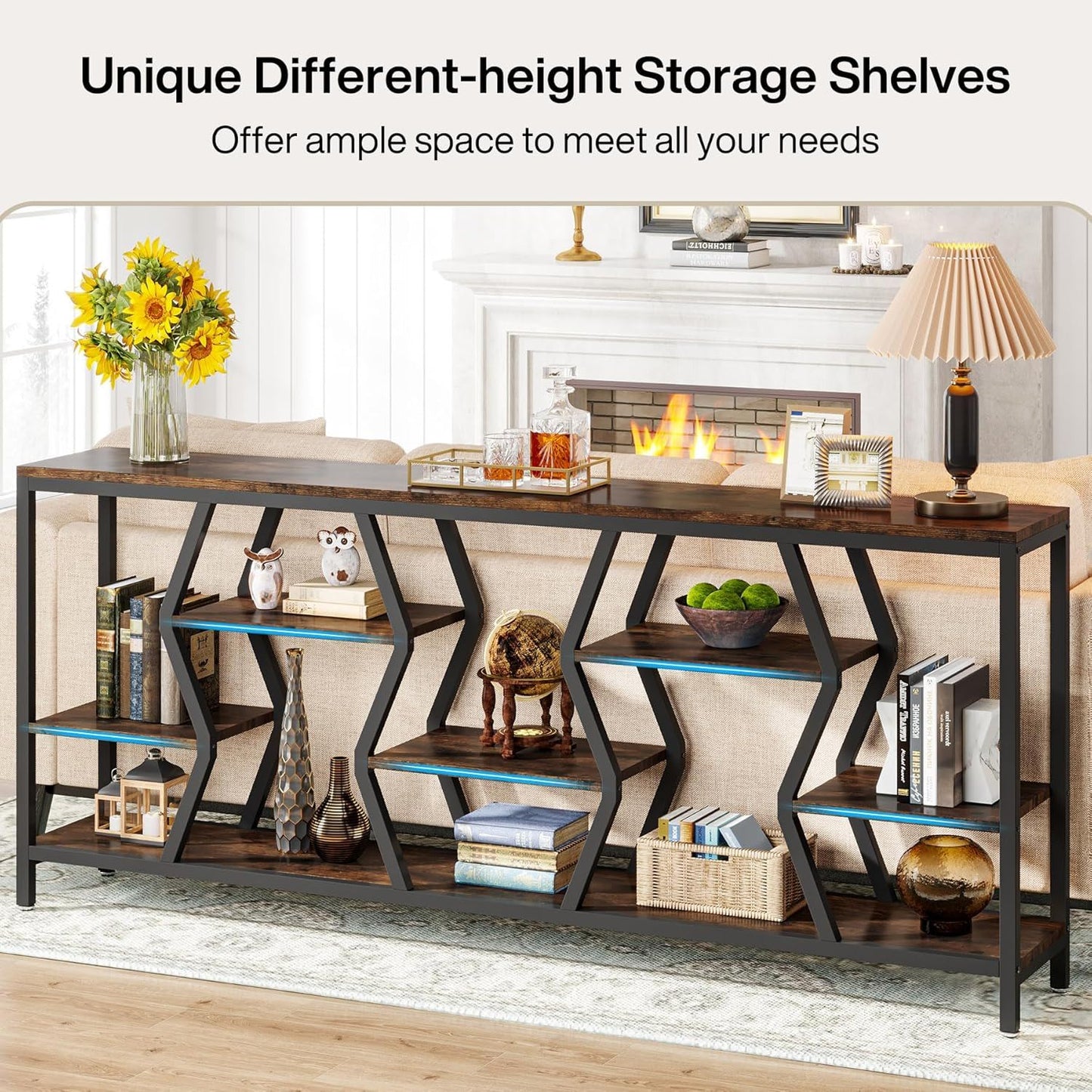 Tribesigns - Extra Long Narrow Sofa Console Table With 4 Tier Storage Shelves - Rustic Brown