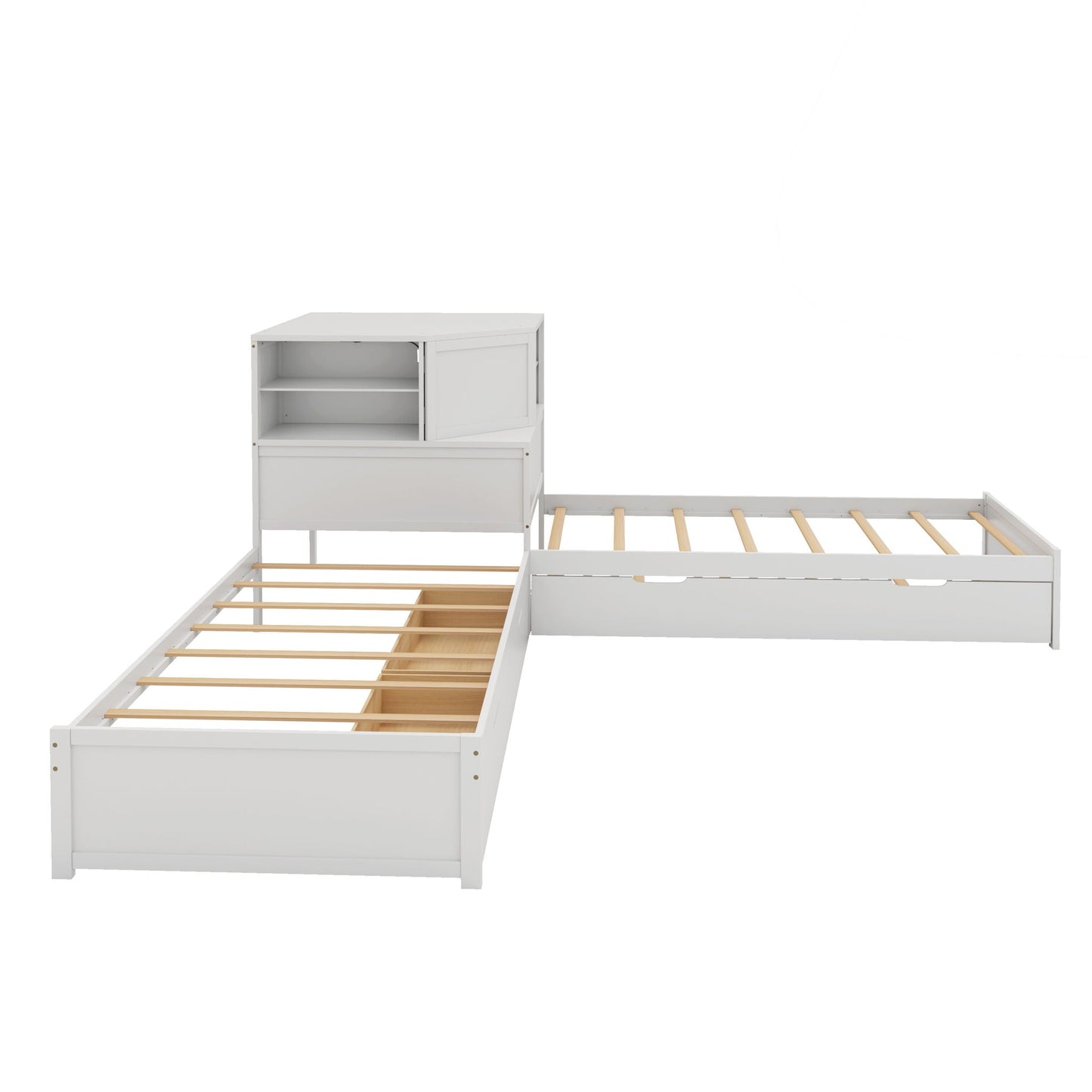 L-Shaped Bed Frame With Trundle, Built In Desk & LED Lighting