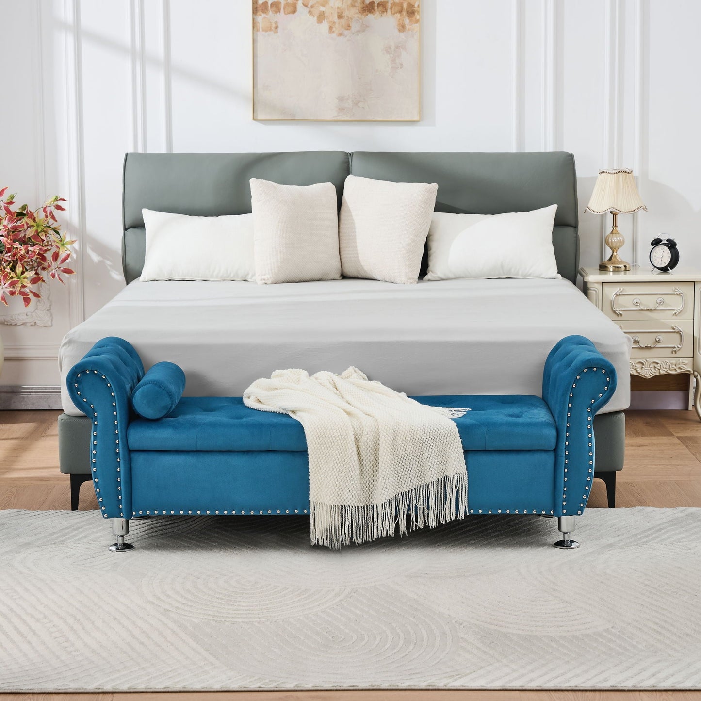 Storage Bench With Crystal Buttons And 1 Pillow For Bedroom