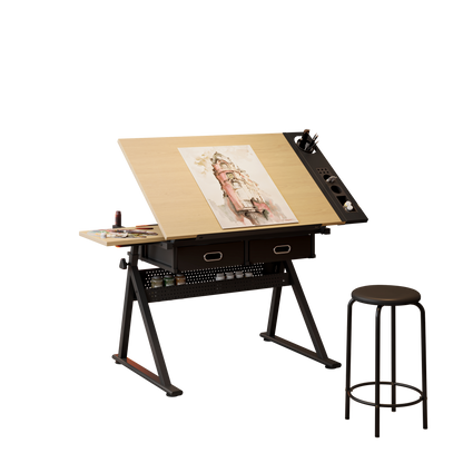 Adjustable Drawing Drafting Table Desk With 2 Drawers - Maple