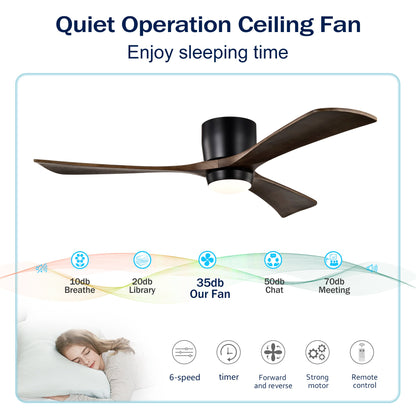52" Flush Mount Solid Wood Blades Ceiling Fan with Lights Remote Control