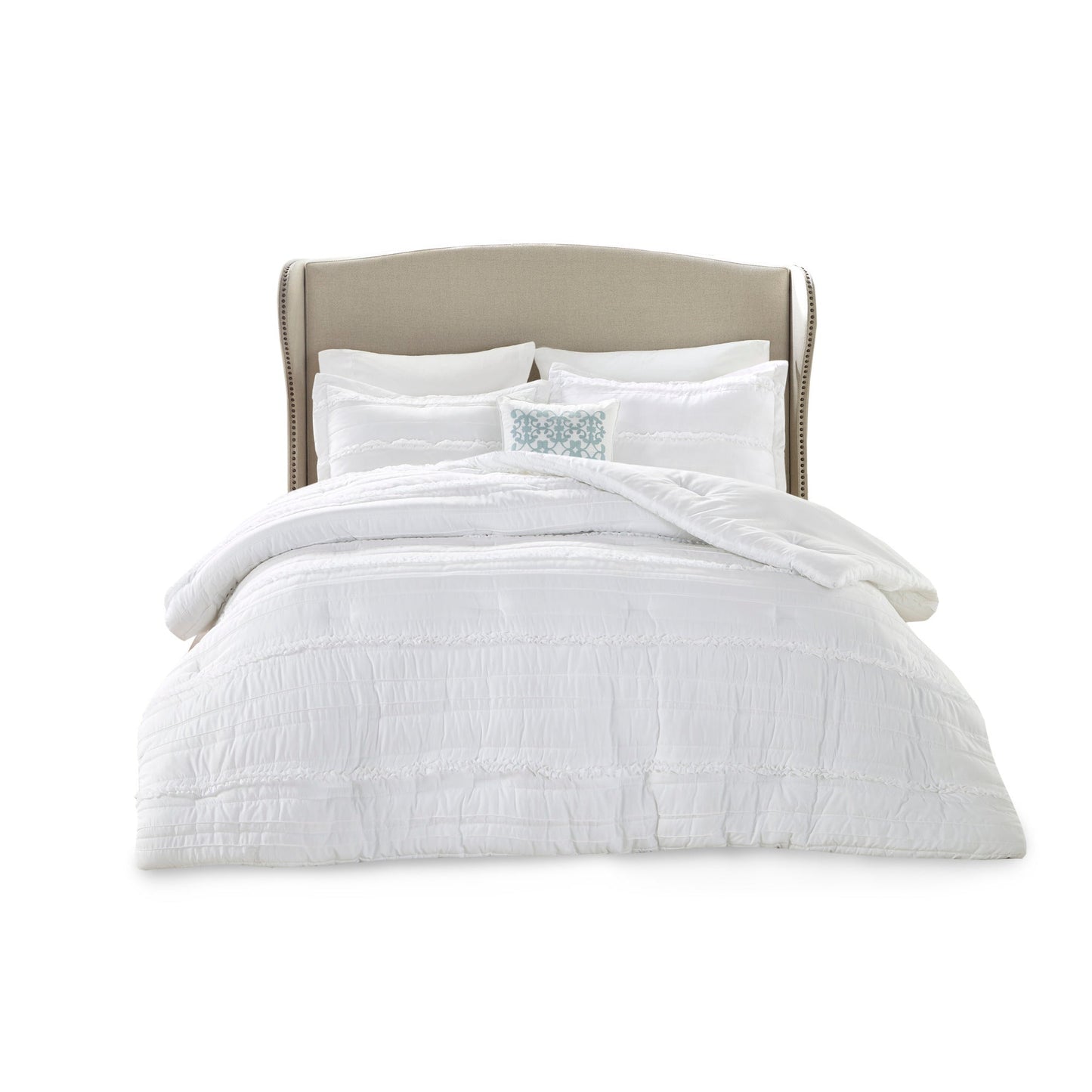 5 Piece Microfiber Ruffled Comforter Set - White California King
