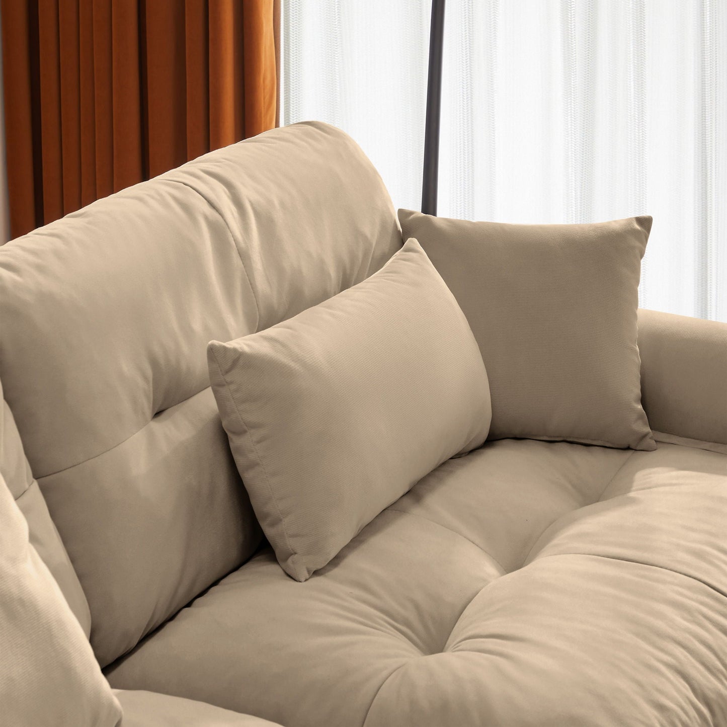 Modern Sectional Sofa With Ottoman, Round Bolster Armrests, Waist And Throw Pillows