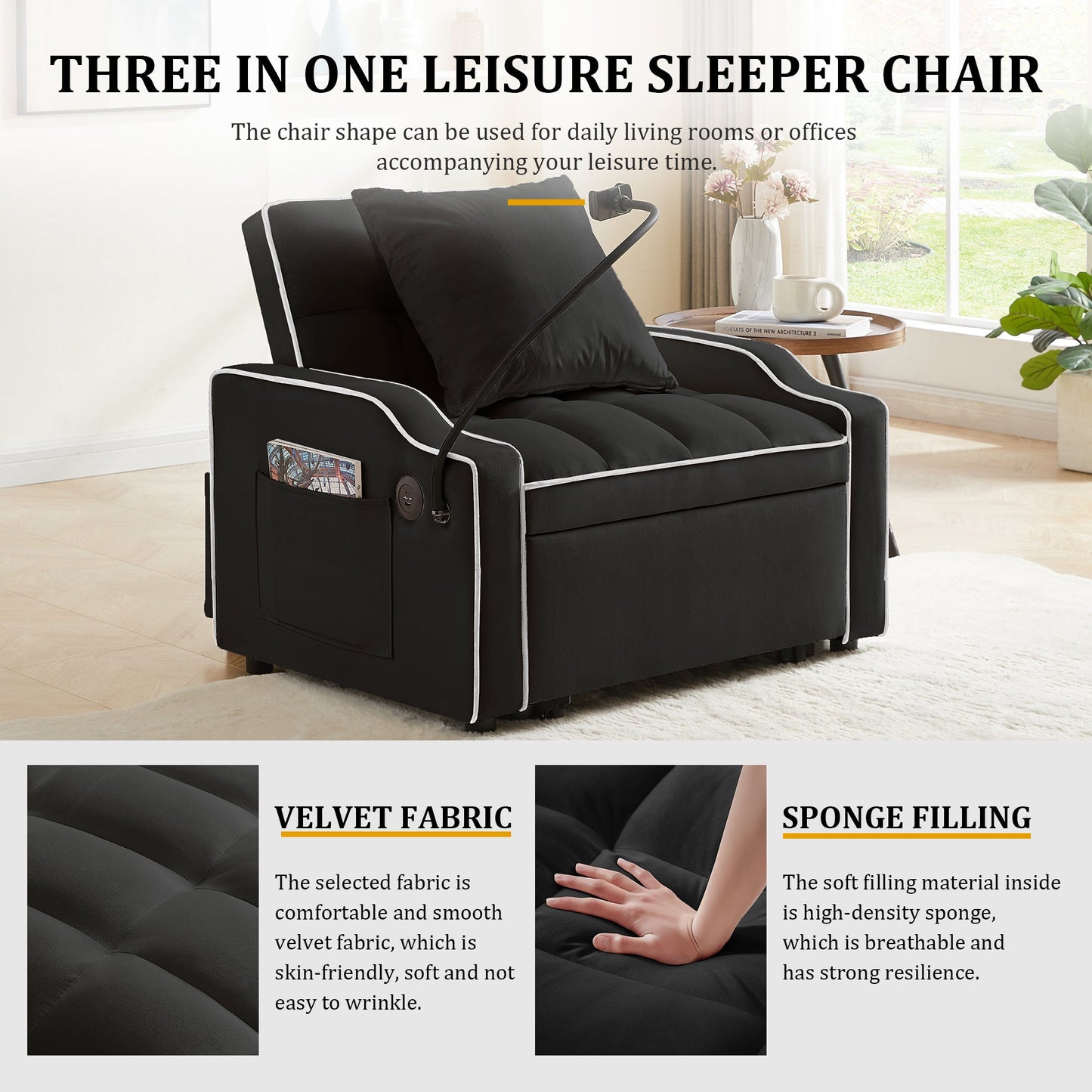 Sleeper Sofa Chair Bed - 3 In 1 Convertible Sofa