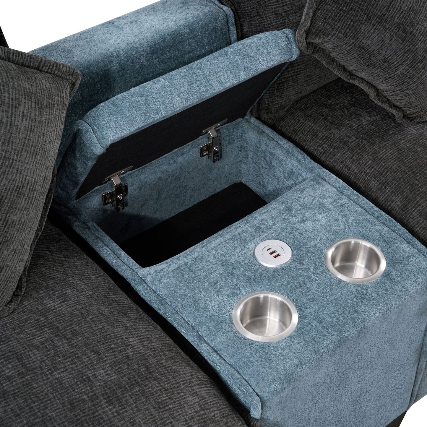 Sectional Sofa With Removable Ottomans, USB Ports, Cup Holders & Storage - Gray / Light Blue