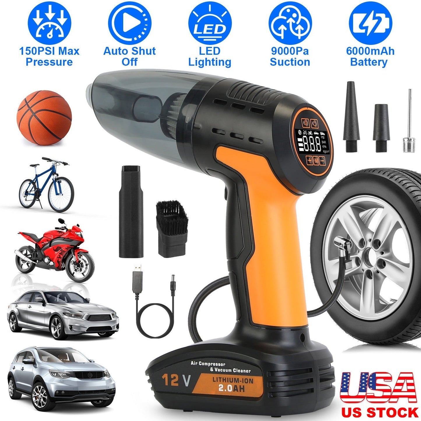 4 In 1 Cordless Car Vacuum Cleaner and Tire Inflator with LED Light Digital Display Tire Pressure Gauge 150PSI Rechargeable Air Compressor Pump Essent
