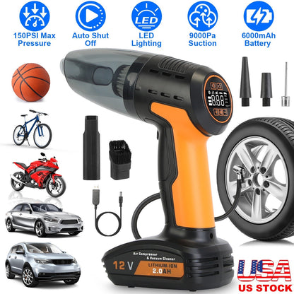 4 In 1 Cordless Car Vacuum Cleaner and Tire Inflator with LED Light Digital Display Tire Pressure Gauge 150PSI Rechargeable Air Compressor Pump Essent