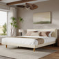 Beige Chunky Headboard Bed Frame with Solid Rubberwood Legs, Cal-King