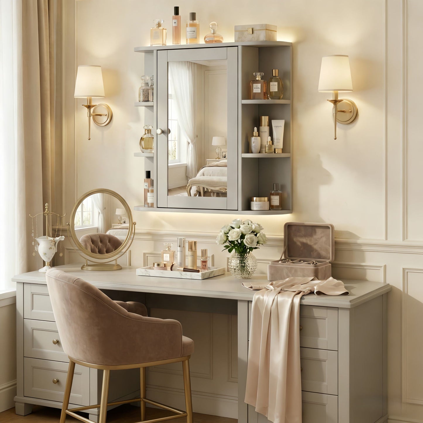 Bathroom Wall Storage Cabinet With Mirror And Adjustable Shelf, 6 Open Shelves