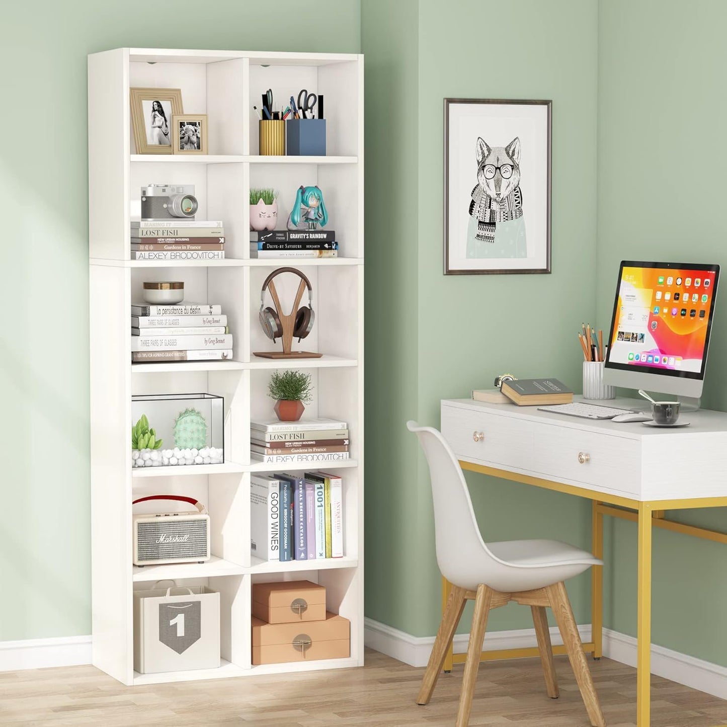 Narrow 12 Cube Bookcase With Closed Back For Living Room - White