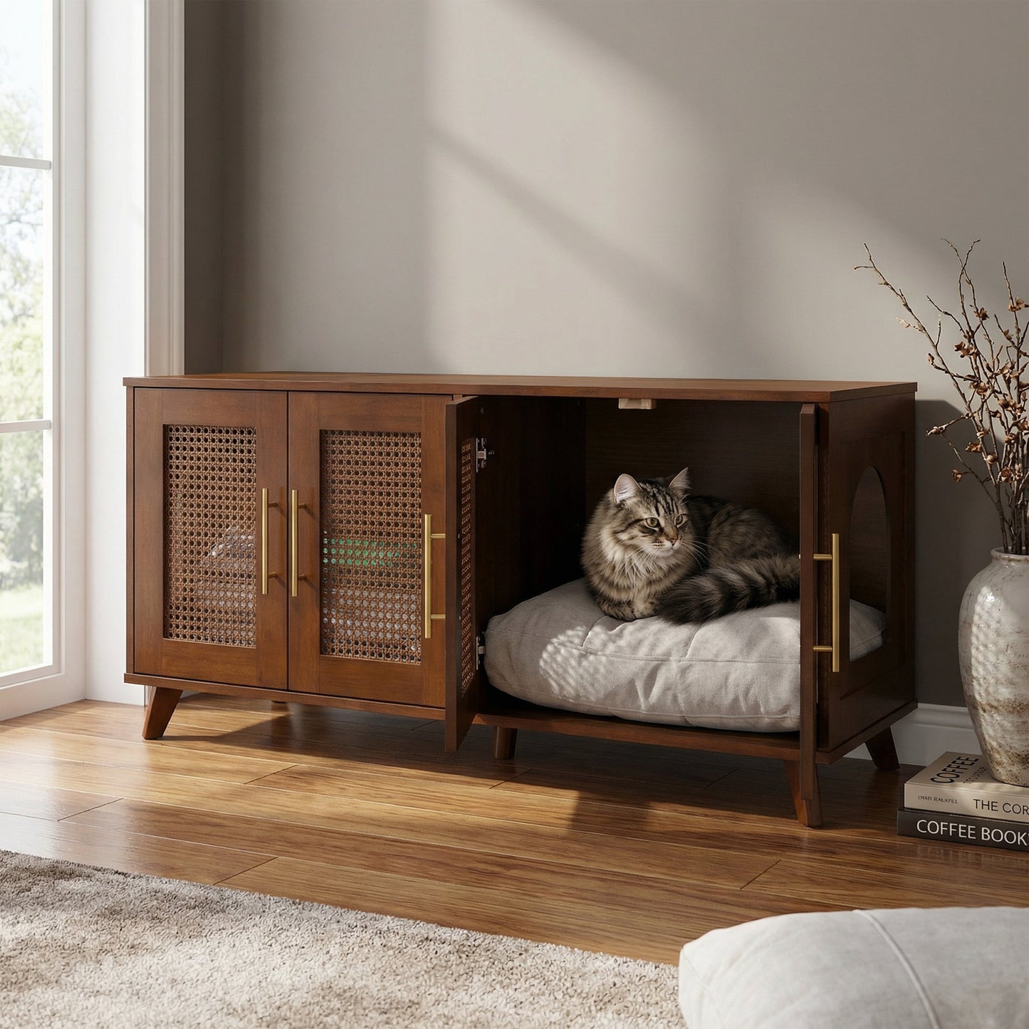 Myra Indoor Premium Rubber Wood Cat Cabinet with Cozy Cushion