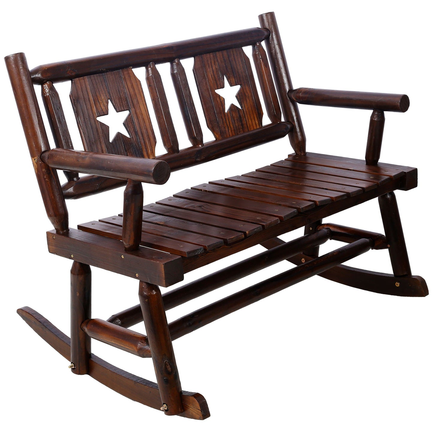 Rustic Outdoor Wood Rocking Bench Double Rocking Chair For 2 Persons With Curved Seat, Porch Rocker - Brown