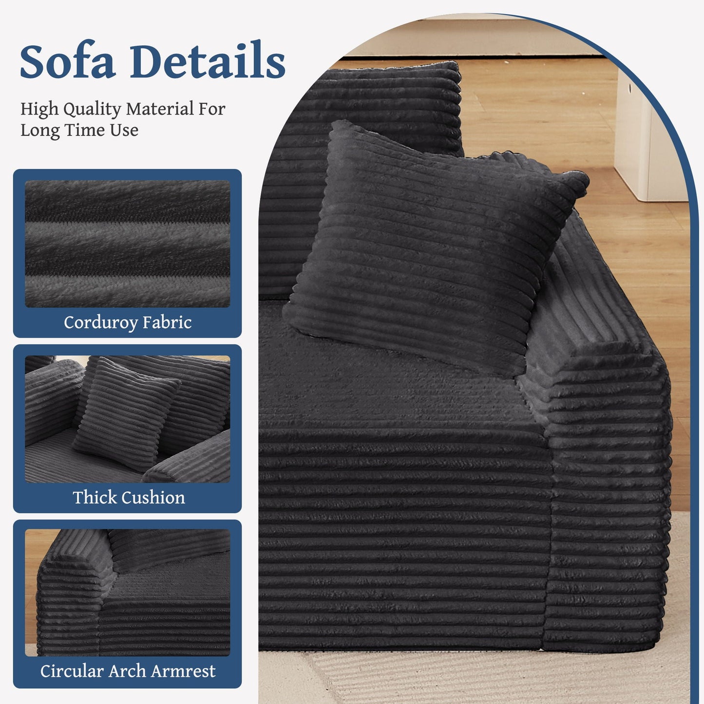 Modular Sectional With Arched Armrests, Includes 3 Back Cushions & 2 Throw Pillows