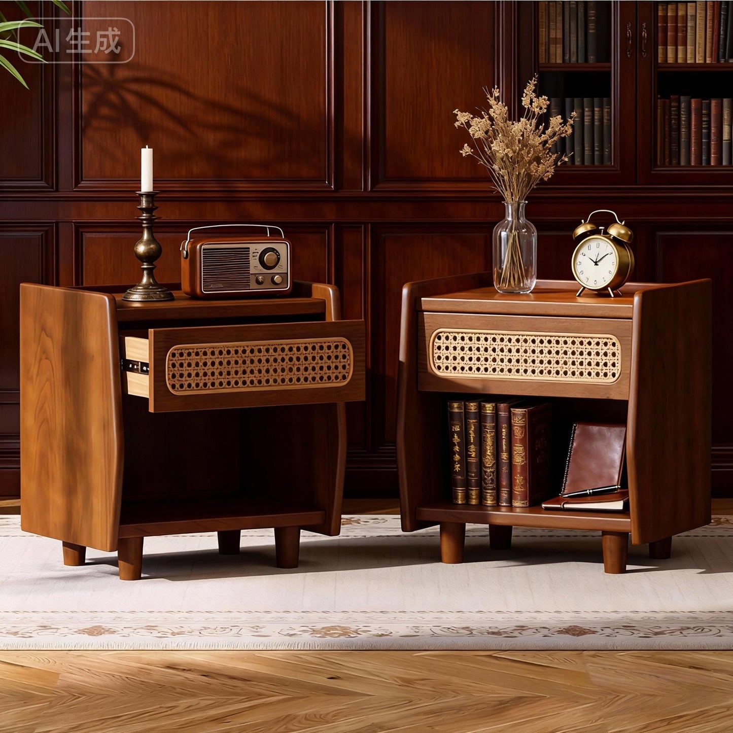 Walnut Nightstand with Rattan Detail, MDF + Solid Wood