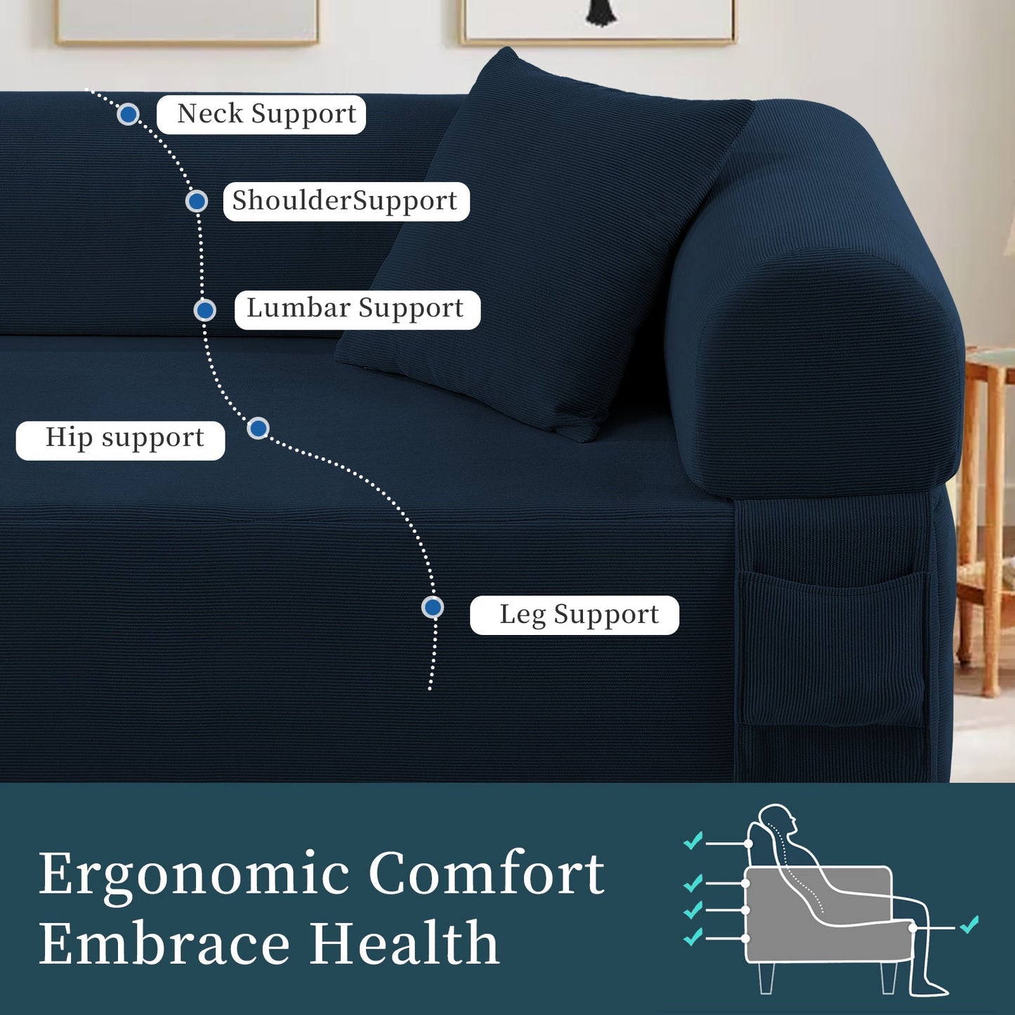Spring Sofa with High-Quality Fabric, Pillows & Storage in Blue
