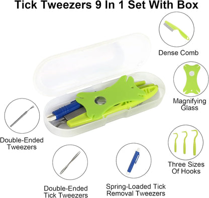 Tick Removal Tool 8 In 1 With Storage Box, Tick Tweezers, Flea Comb, Magnifying Glass, Dog Tick Remover Tool Tick Removal Kit Tick Removal Tool For Dogs Cats Pet Tick Comb