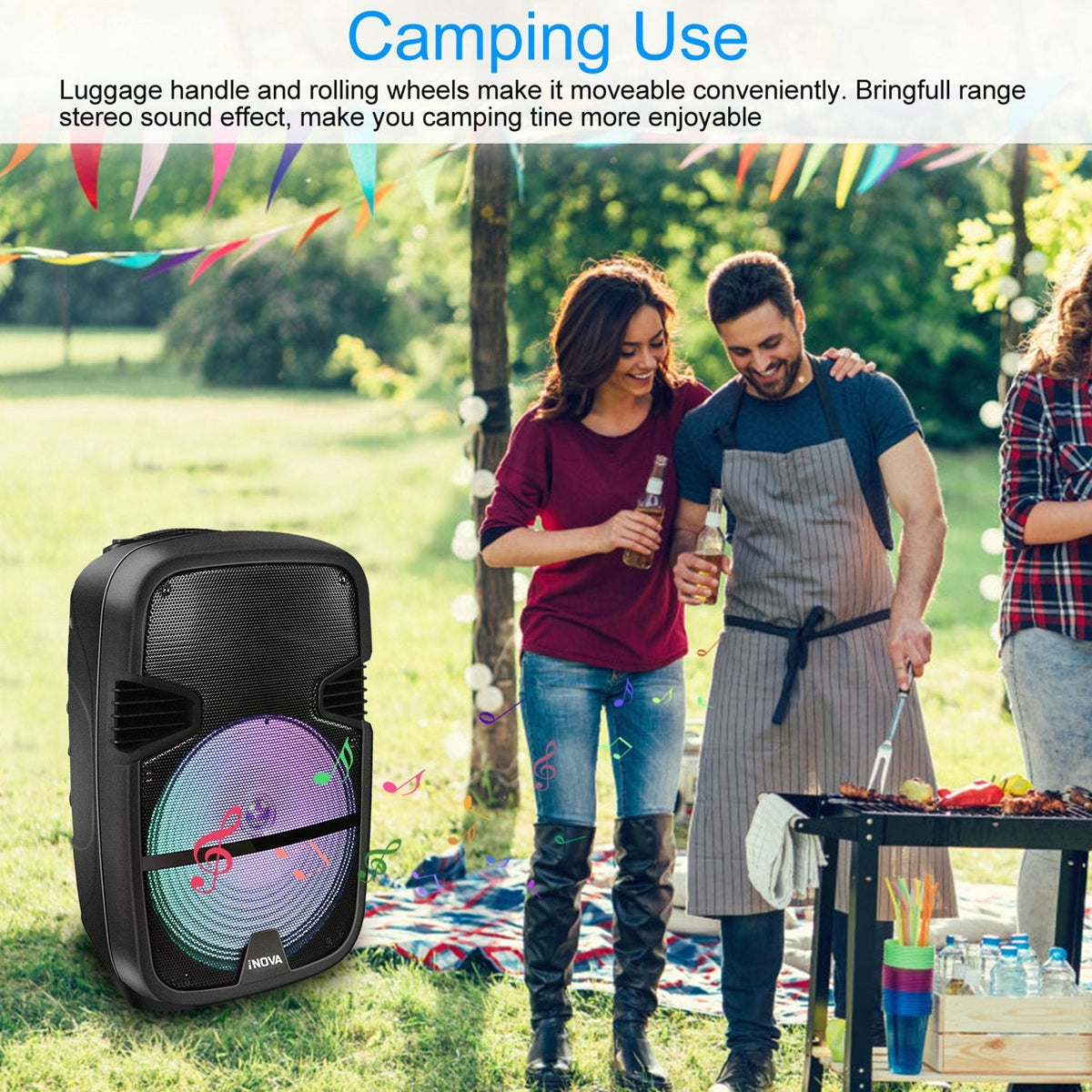 Wireless Speaker Portable PA Karaoke System with 12" Subwoofer Sound System Wired Microphone w/ DJ Lights FM Remote Control
