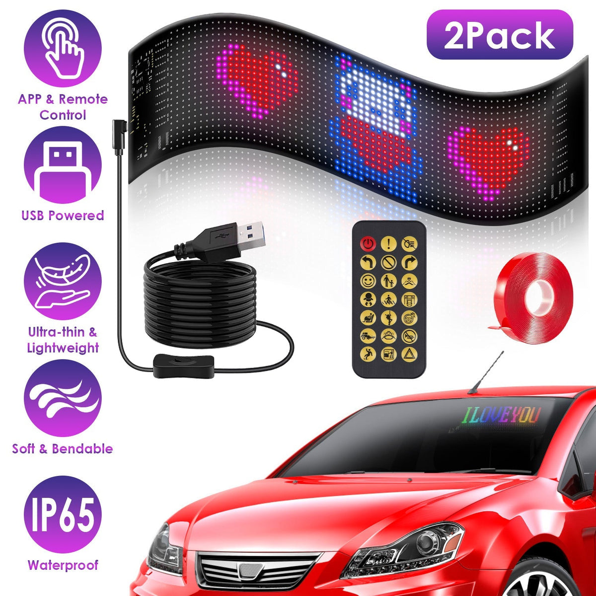2Pack 20x64 Matrix Devil Eyes Lights For Car Ultra-thin Programmable LED Car Signs with APP Remote Control DIY Design Text Patterns Animations