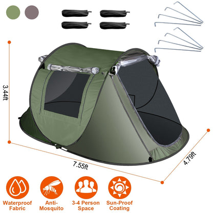 3-4 Person Pop Up Tent Automatic Setup Camping Tent Waterproof InstantÊSetup Tent with 2 Mosquito Net Windows Carrying Bag for Hiking Climbing Adventu
