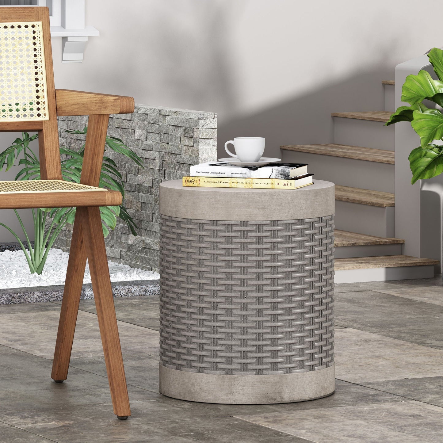 Outdoor Lightweight End Table Round Concrete - Natural