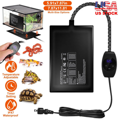 Electric Reptile Heating Pad With 32-122¡F Temperature Adjustment IPX7 Waterproof Timer Setting Under Tank Heating Mat for Lizards Turtles Snake Spide