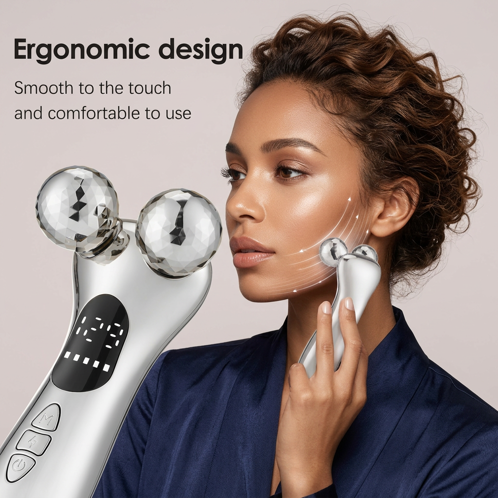 Silver Ergonomic EMS Microcurrent Facial Roller | Intelligent Pulse Face Slimming & Sculpting Device for Skin Tightening