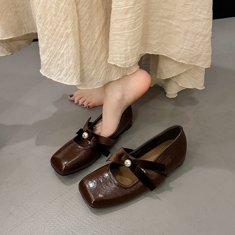 Korean Version Of Pearl Bow Single Shoes Women's Shoes 2026 Spring New Item With Increased Height Ballet Shoes French Mary Jane Shoes