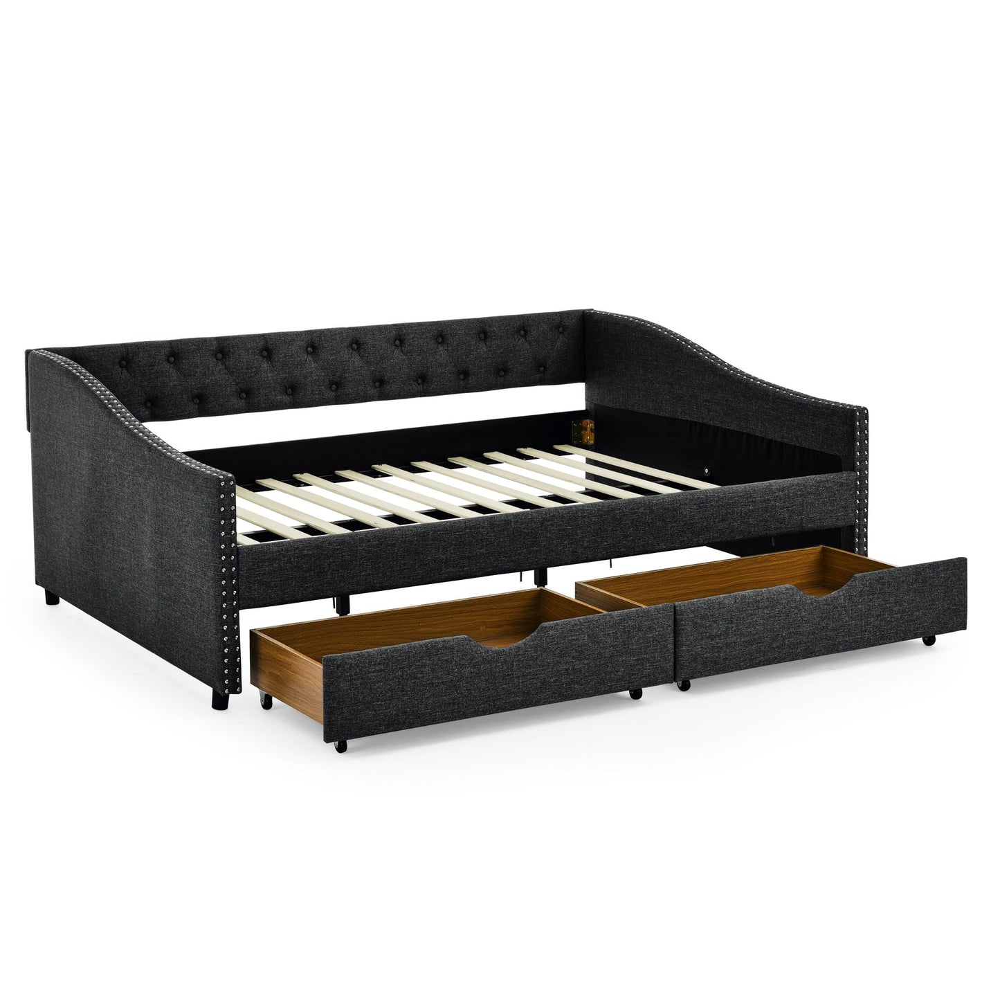 Upholstered Tufted Daybed With Drawers, Waved Arms