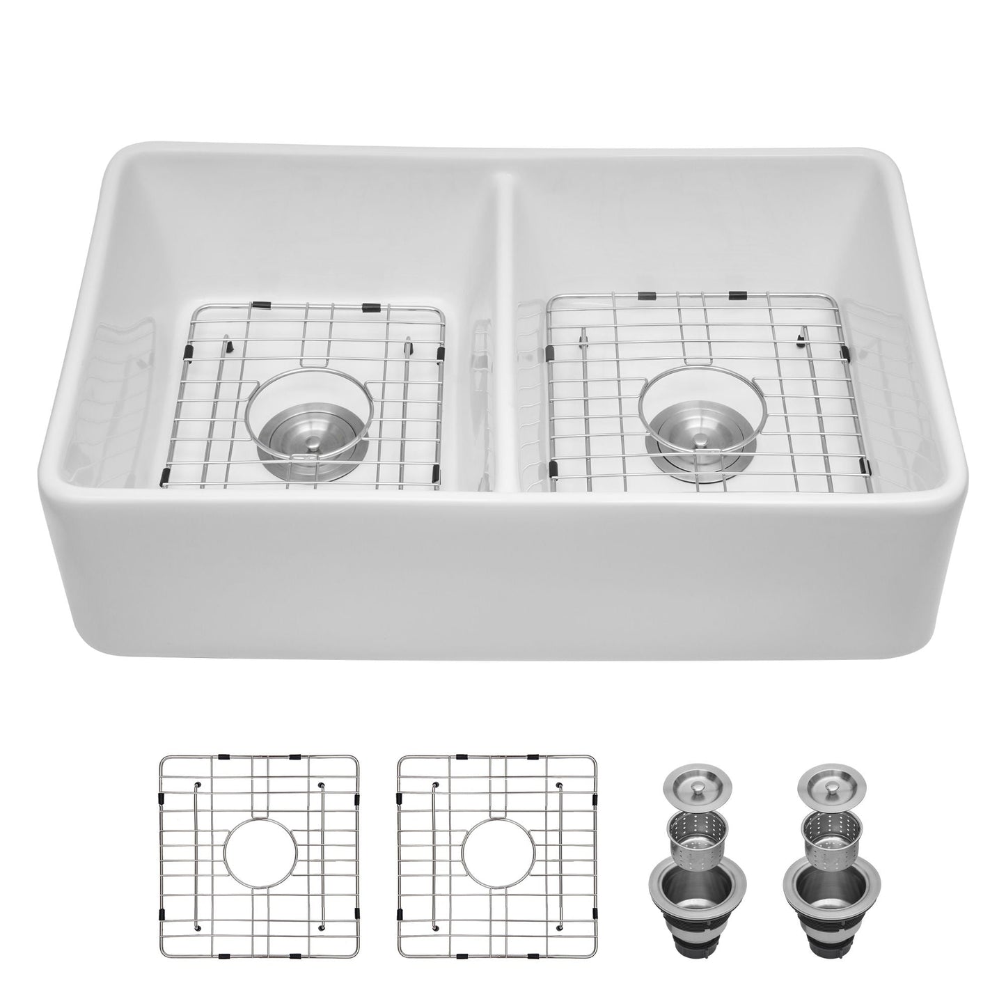Double Bowl Apron Front Kitchen Sink 32", Sturdy And With Scratch Resistant - White