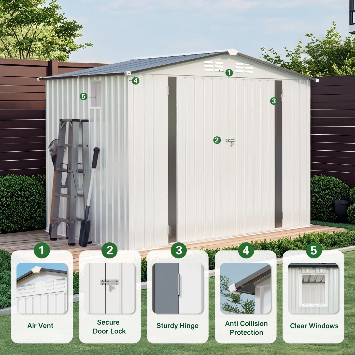 Outdoor Garden Storage Shed, Tool Shed With Pitched Roof Waterproof With 1 Window And 2 Lockable Door - White / Gray