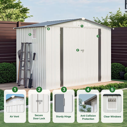 Outdoor Garden Storage Shed, Tool Shed With Pitched Roof Waterproof With 1 Window And 2 Lockable Door - White / Gray