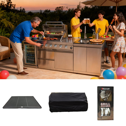 BBQ Tool Set with Cast Iron Frying Pan and Stainless Steel Accessories