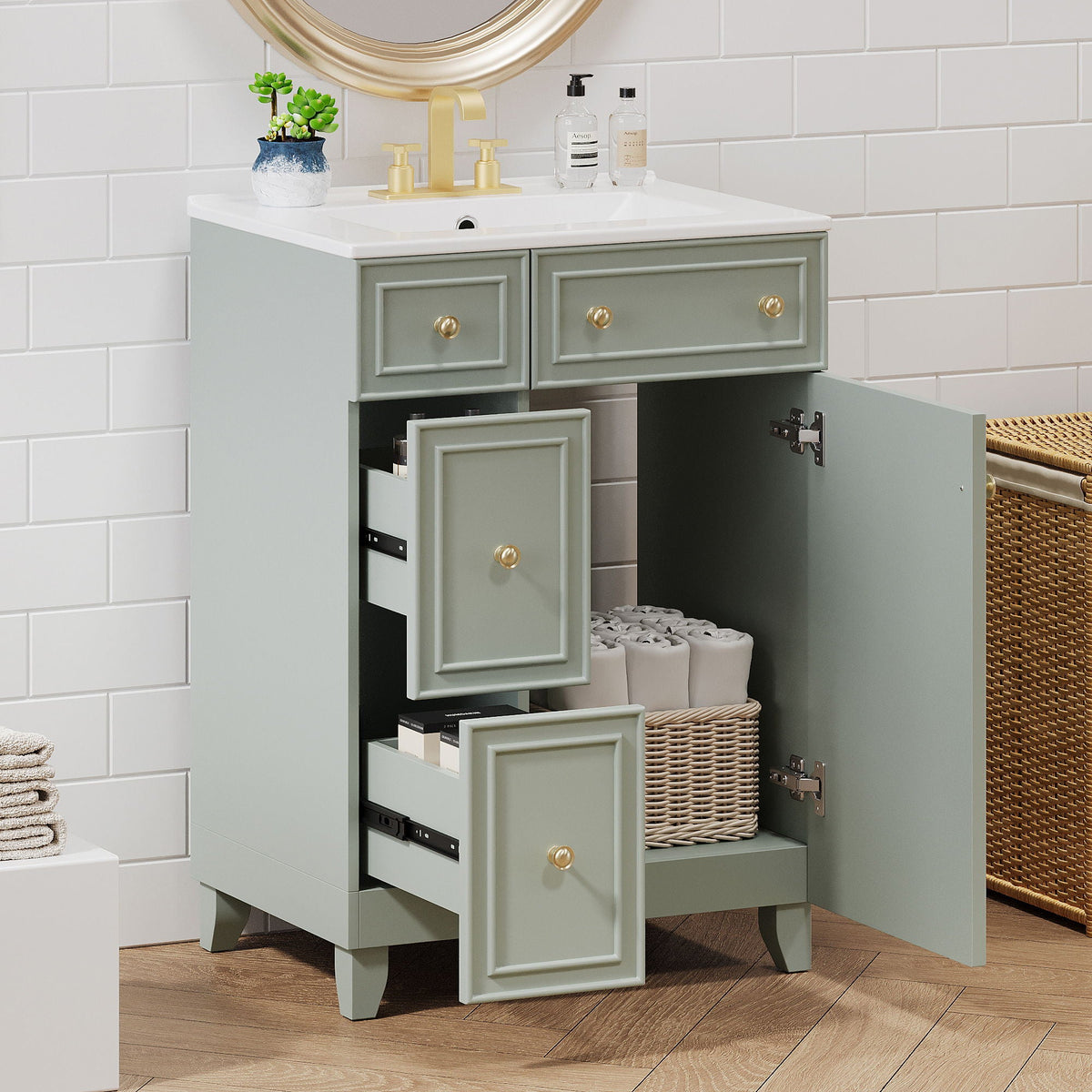 Transitional Style Bathroom Vanity Cabinet With Ceramic Sink