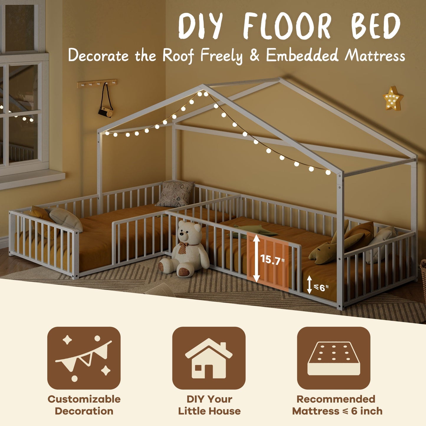L-Shaped Montessori Bed For 2 Kids With Partitioned Fence