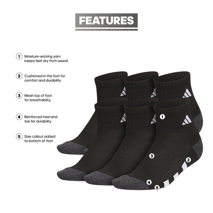 adidas Athletic Cushioned Quarter Socks (6-Pair) for Kids, Boys and Girls, Above The Ankle Fit, Durable Fabric Medium Black/Onix Grey/White - # BOAA12810002