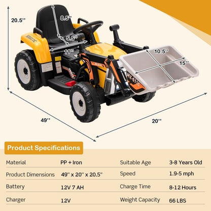Adjustable Arm Kids Ride-On Excavator with Bucket - 12V Battery Powered Outdoor Toy for Toddlers