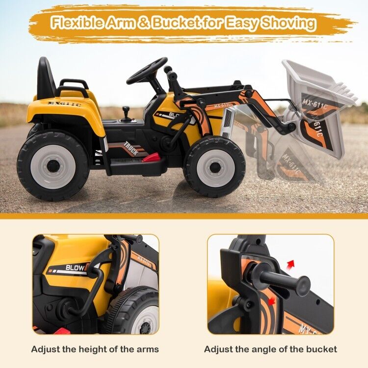 Adjustable Arm Kids Ride-On Excavator with Bucket - 12V Battery Powered Outdoor Toy for Toddlers