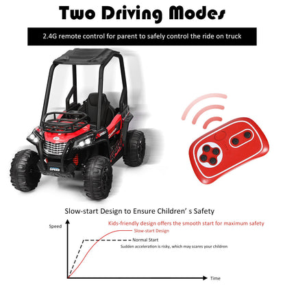 Adventure-Ready 12V Off-Road UTV Truck for Kids with RC Control, MP3 Player, and Lights - Red