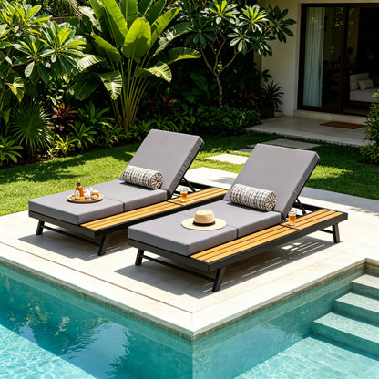 Black Iron + Teak Finish Chaise Lounge Set