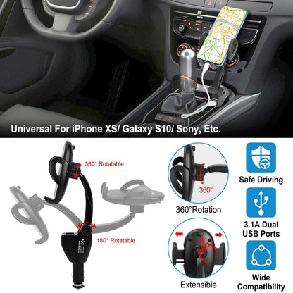 360¡ Rotation Car Phone Mount 3.1A Dual USB Cigarette Lighter Phone Holder Universal
