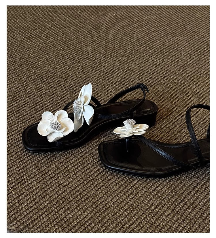 Women's French Floral One-Strap Sandals, New Arrival For Spring & Summer, Fairy Style Soft Leather Open Toe Beach Sandals