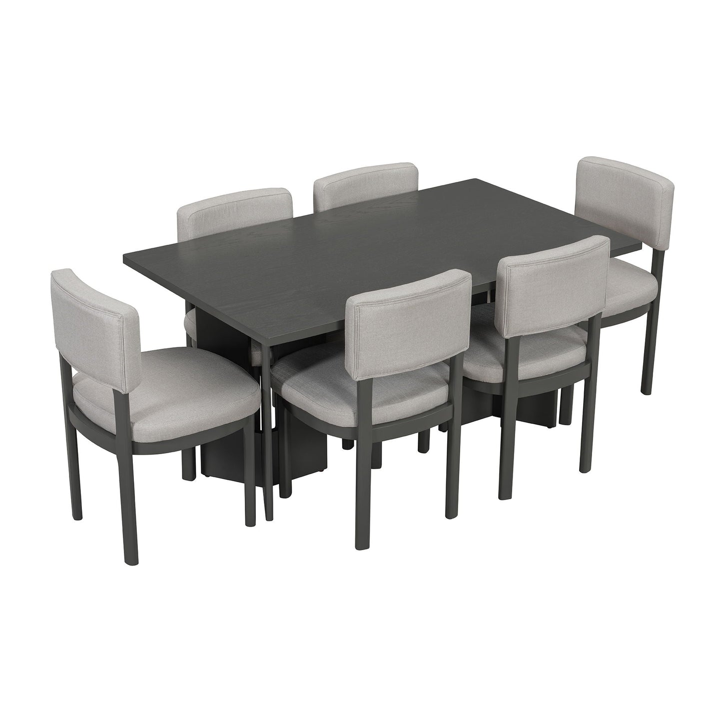 Dining Table Set With 6 Upholstered Chairs, Rectangular Table With Cutout Legs