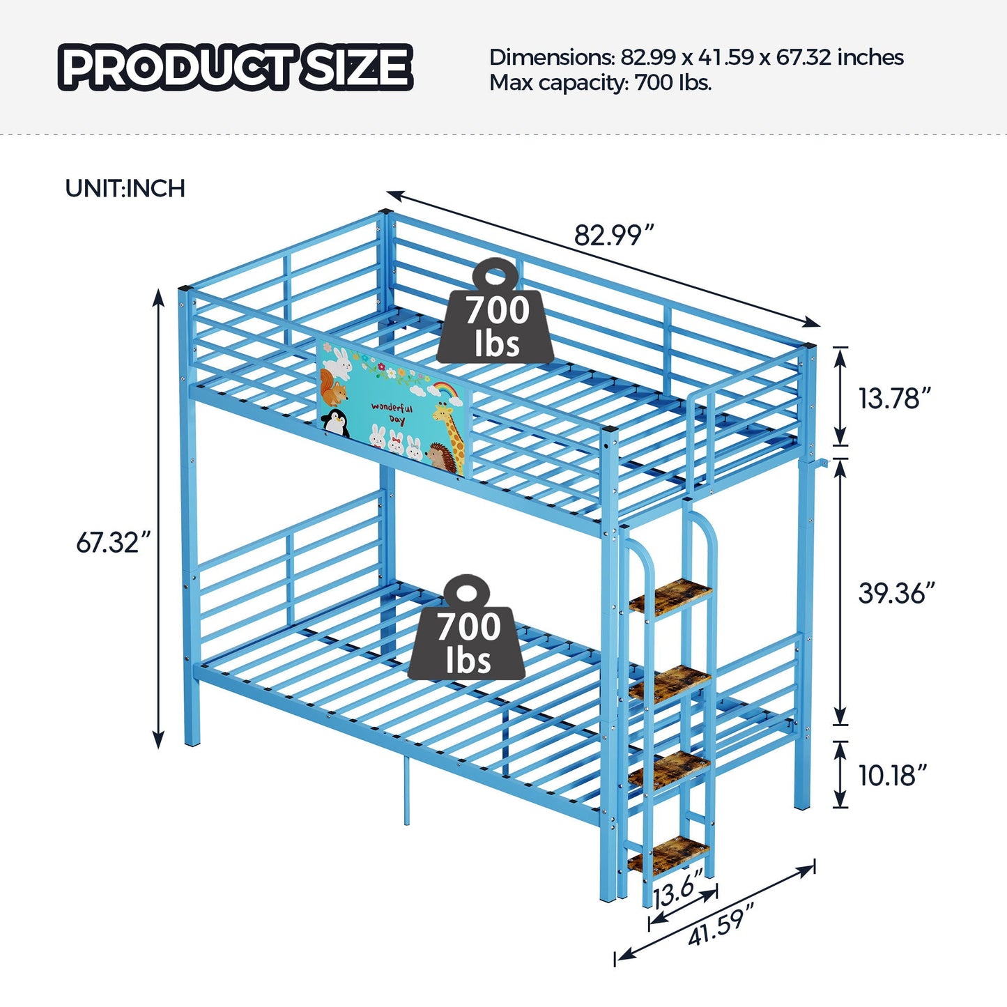 Bunk Bed, Convertible To 2 Separate Twin Size Beds With Full Length Guardrail & Ladder, No Box Spring Needed - Blue
