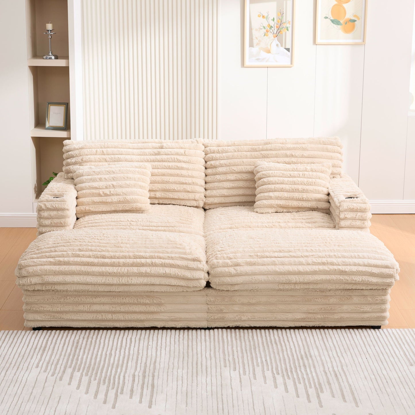 Oversized Double Chaise Lounge Sofa Bed With USB Ports And Cup Holders