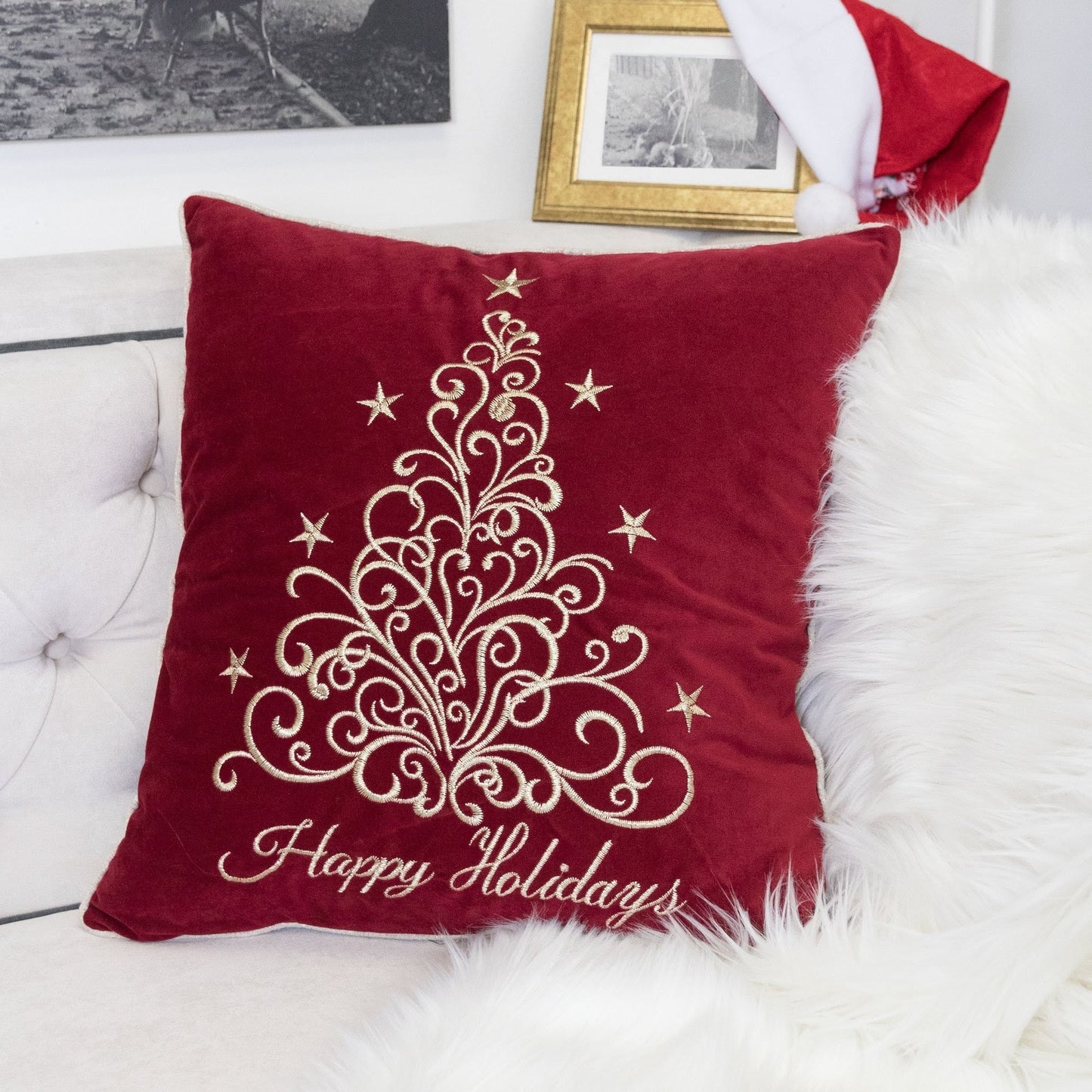 Red Velvet Holiday Pillow with Gold Embroidery