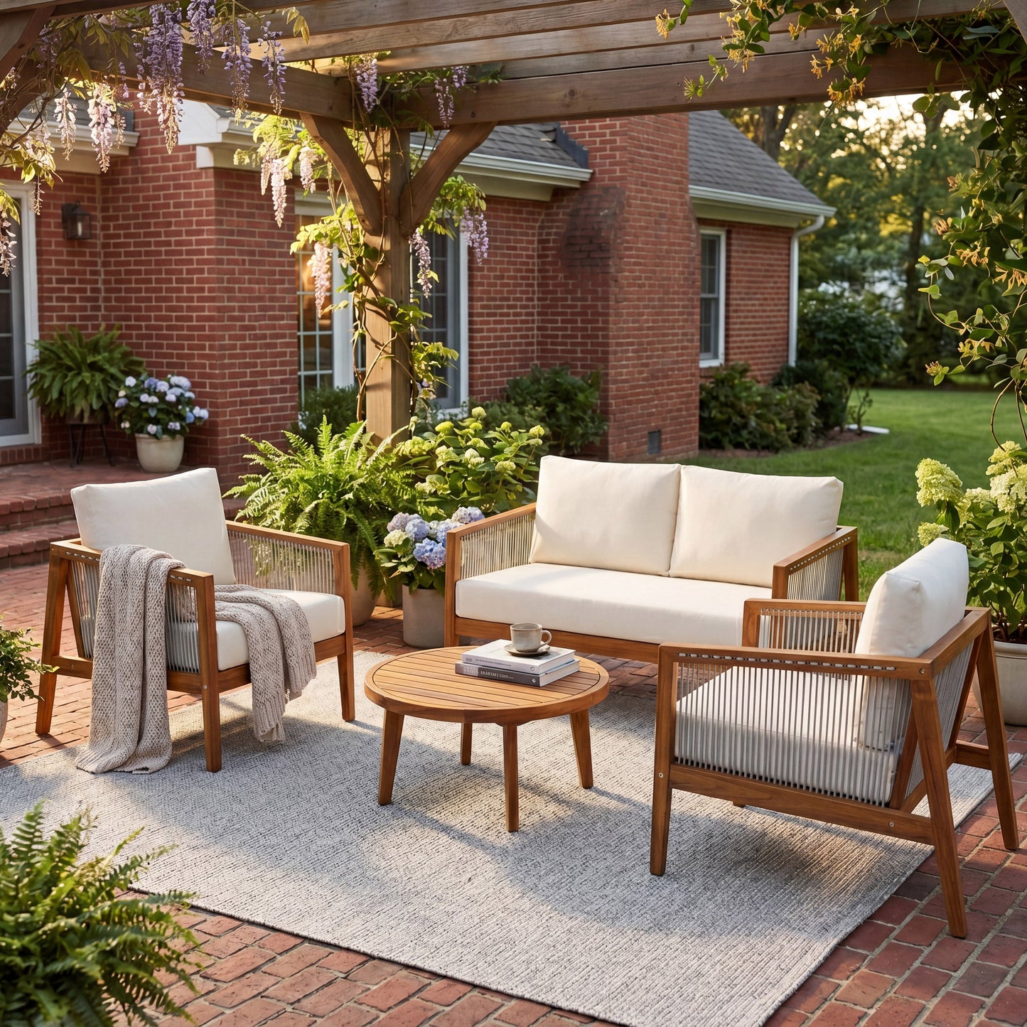 Outdoor 4-Piece Sofa Set, Acacia Wood Frame with Rope Detail, Water-Repellent